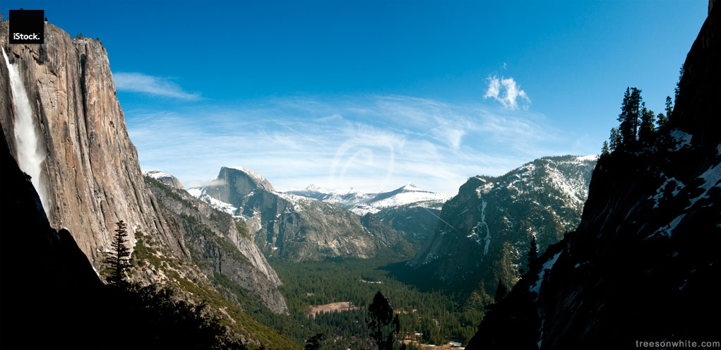 Yosemite Vally from upper Waterfalls Trail, panoramic image.