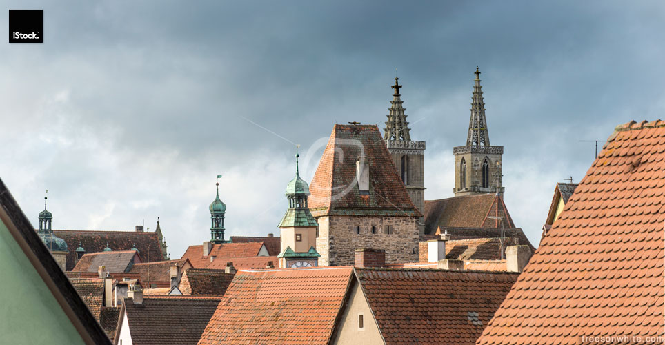 Rooftop scene during storm, Rothenburg o. d. Tauber.