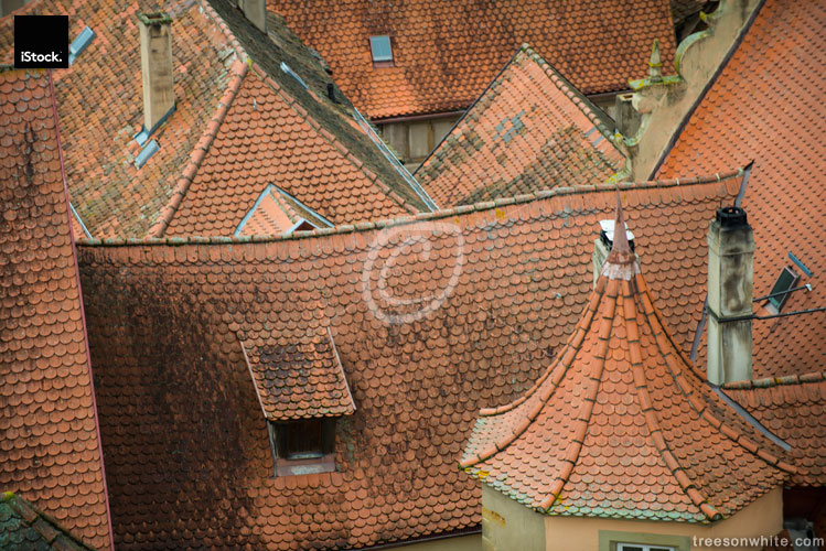 Historic, crooked rooftops with red colored tiles from above.