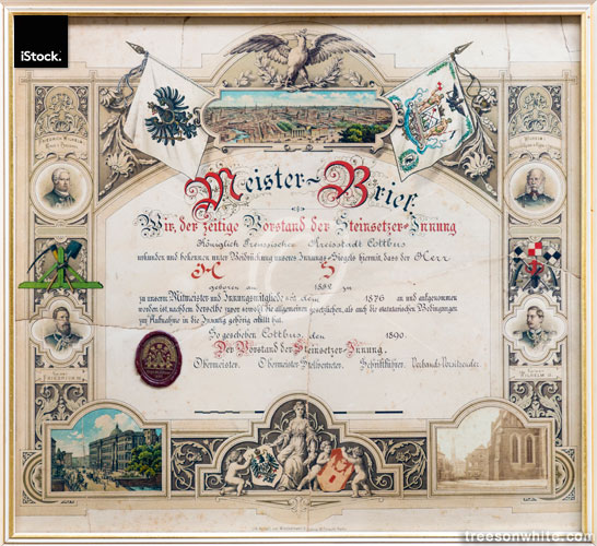Historic Master Craftsman’s Certificate from 1890, Germany.