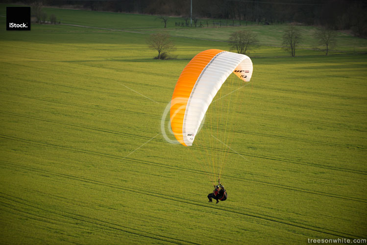 Tandem Paragliding over green fields.