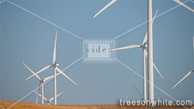 Multiple wind turbines on field with blue sky.