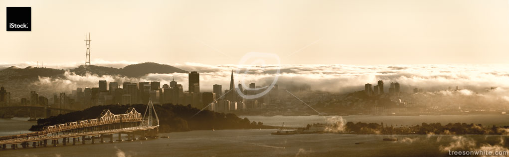 San Francisco Skyline Panoramic Image with fog at sunset in_summ