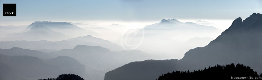 South Tyrol misty mountain peaks, panoramic image.